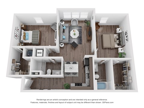 Floor plan for 2 beds, 2 baths, 973 sqft